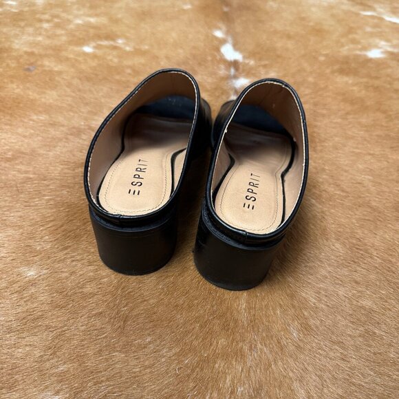 Esprit Black Peep Toe Mules Size 8M Chunky Block Heel Slide Sandals Faux Leather - Picture 6 of 7
